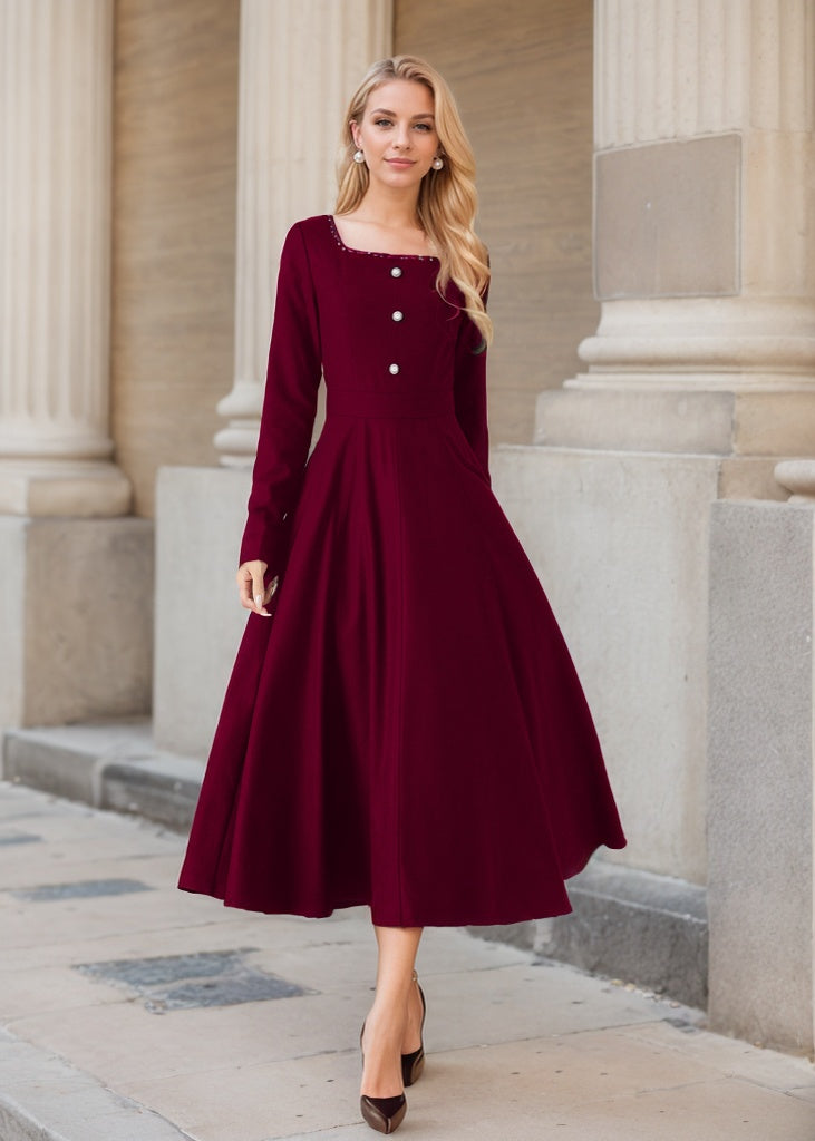 Long sleeves burgundy midi wool dress 5436