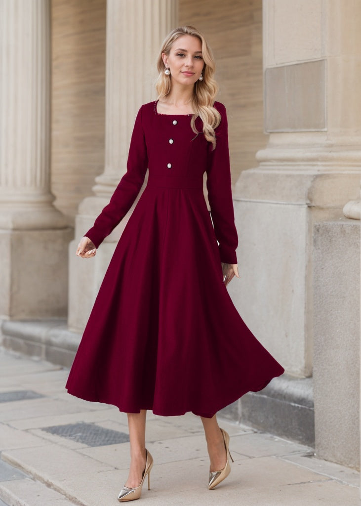 Long sleeves burgundy midi wool dress 5436