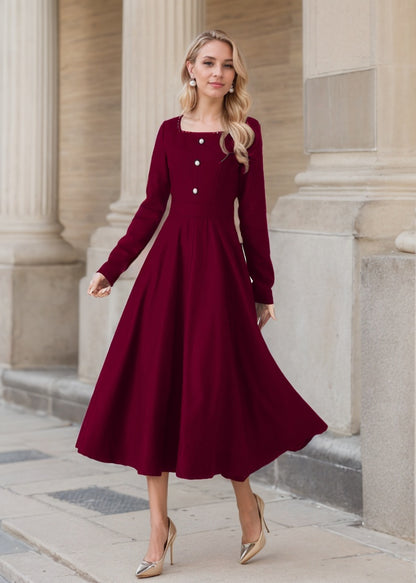 Burgundy Wool Midi Dress - Swing Silhouette with Square Collar 5436