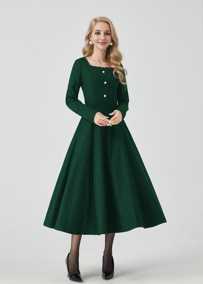 Green Wool Midi Dress - Square Collar, Swing Silhouette 5437