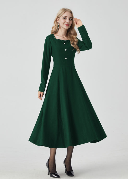 Long sleeves green midi wool dress 5437
