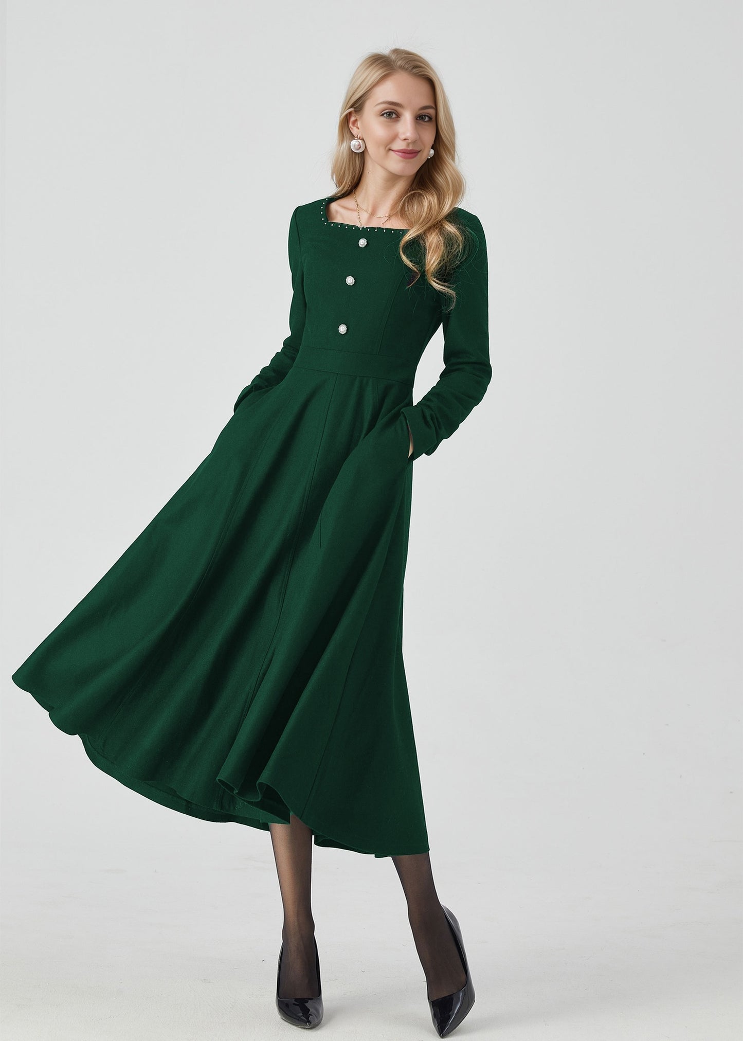 Long sleeves green midi wool dress 5437