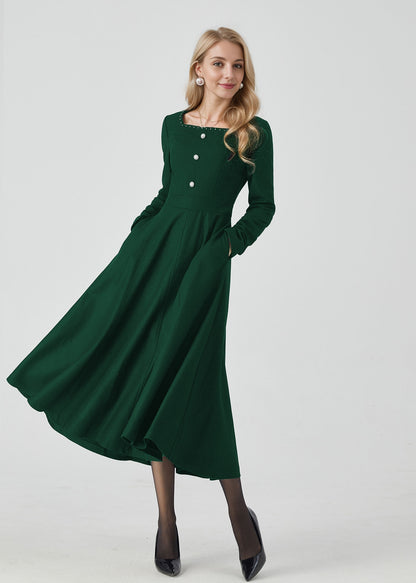 Green Wool Midi Dress - Square Collar, Swing Silhouette 5437