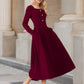 Long sleeves burgundy midi wool dress 5436