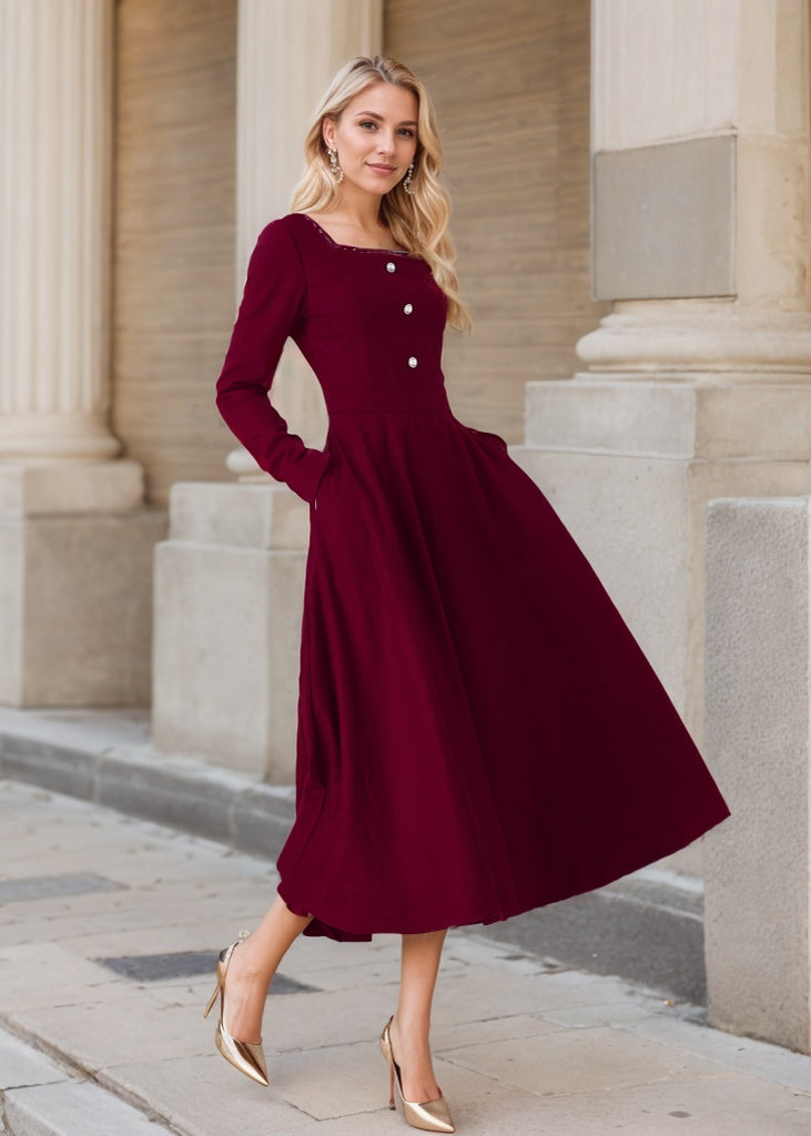 Long sleeves burgundy midi wool dress 5436