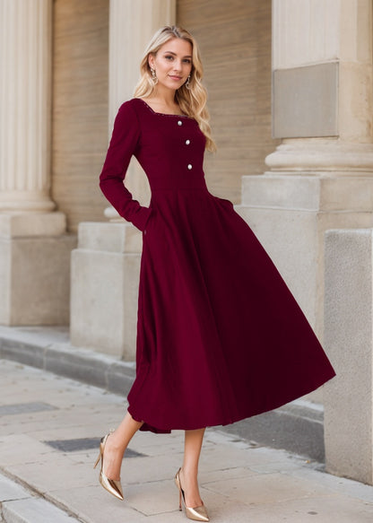 Burgundy Wool Midi Dress - Swing Silhouette with Square Collar 5436