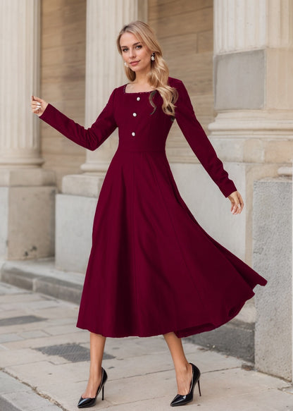 Burgundy Wool Midi Dress - Swing Silhouette with Square Collar 5436