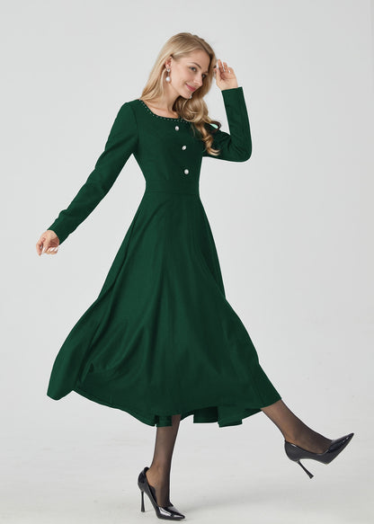 Green Wool Midi Dress - Square Collar, Swing Silhouette 5437