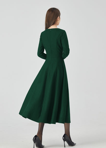 Green Wool Midi Dress - Square Collar, Swing Silhouette 5437