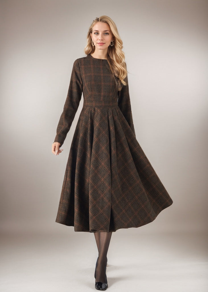 Wool winter midi Plaid dress 5438