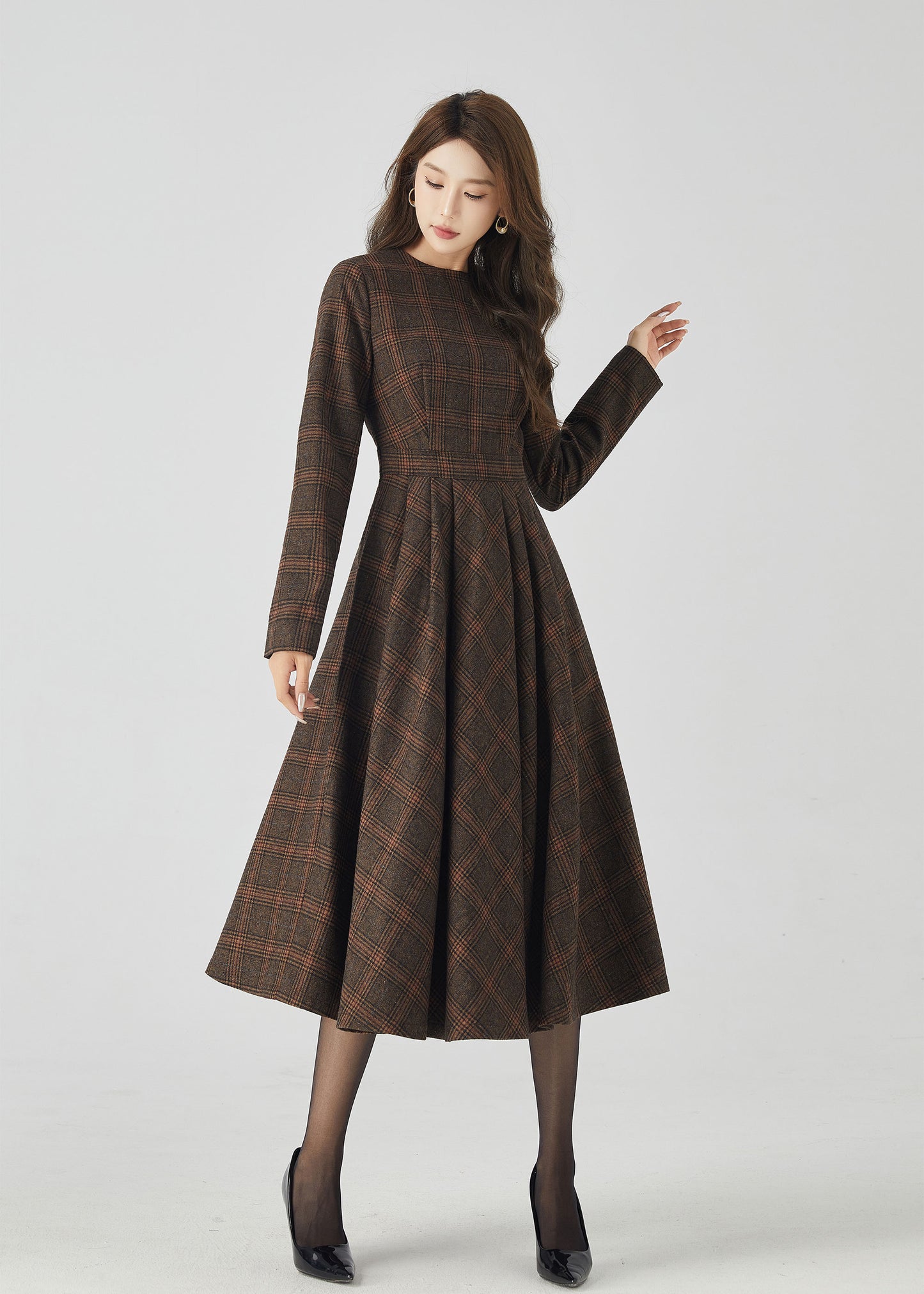 Wool midi dress, Plaid Wool dress, Swing wool Dress 4523