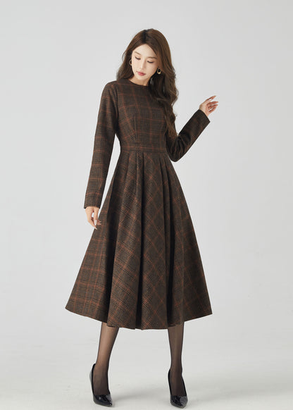 Retro Plaid Midi Dress – Dark Brown Wool A-Line Silhouette – 4523