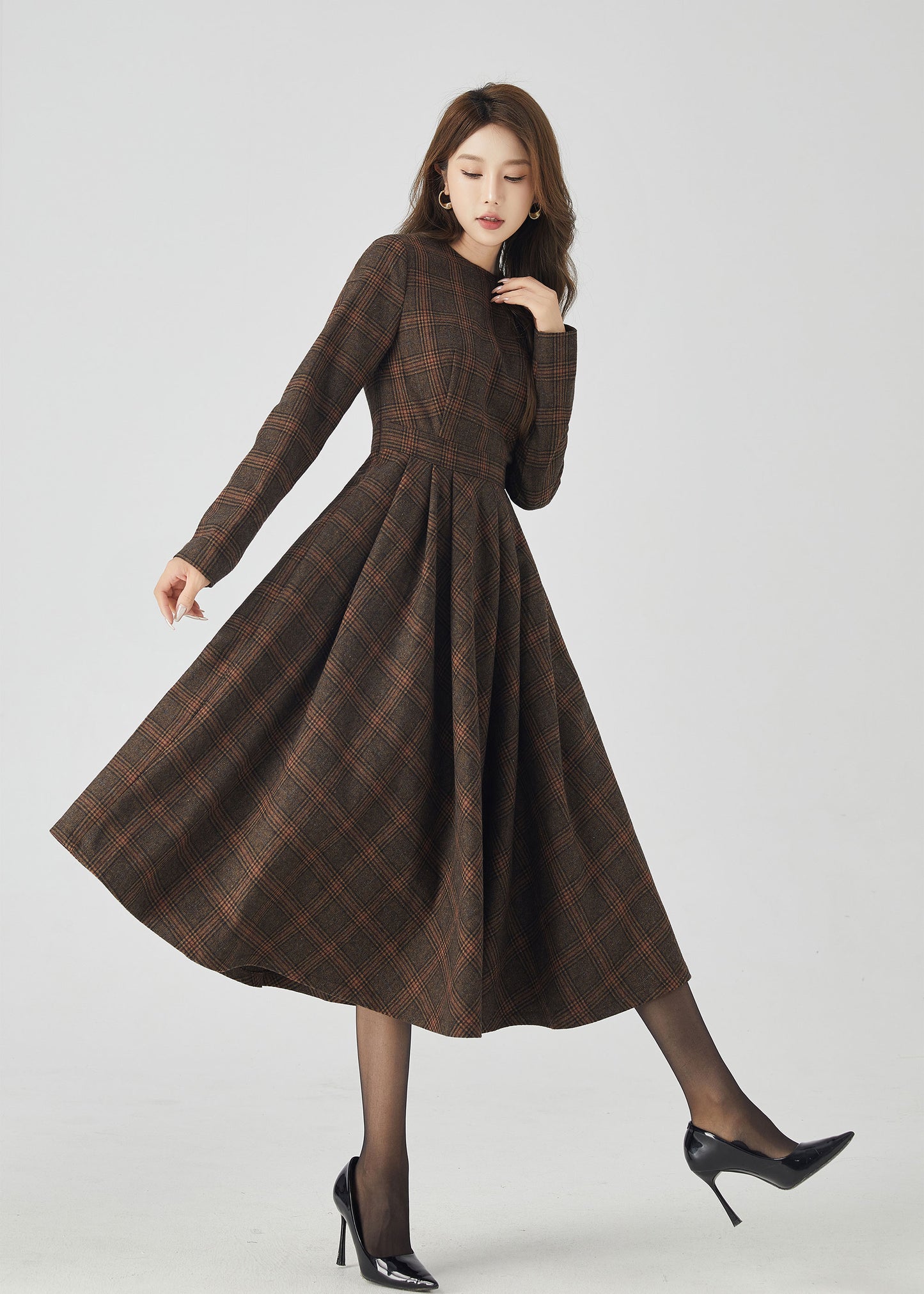 Wool midi dress, Plaid Wool dress, Swing wool Dress 4523