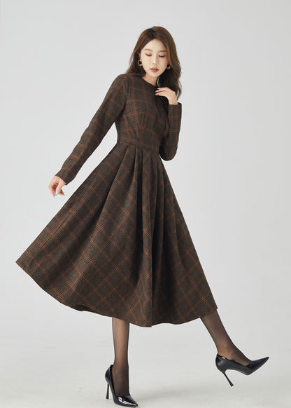 Retro Plaid Midi Dress – Dark Brown Wool A-Line Silhouette – 4523