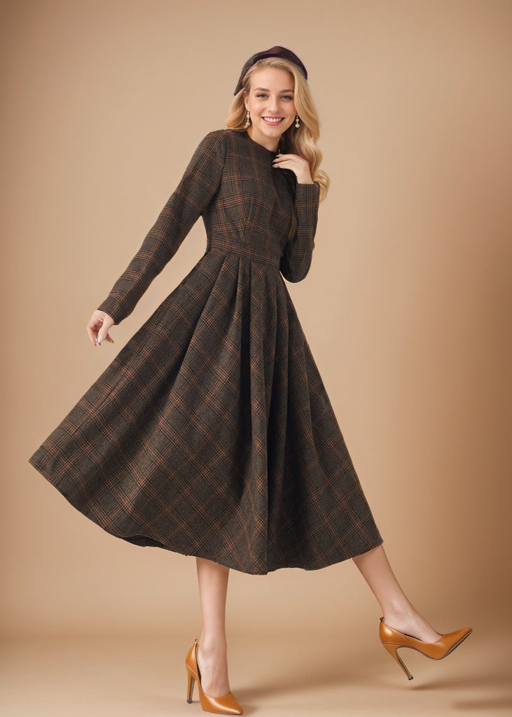Wool winter midi Plaid dress 5438