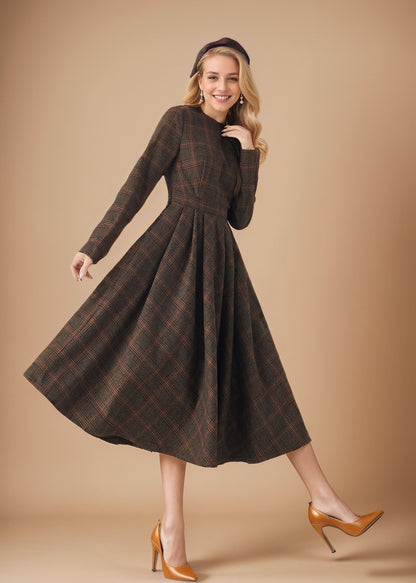 Plaid Wool Midi Dress - Fit & Flare Long Sleeve | Xiaolizi 5438