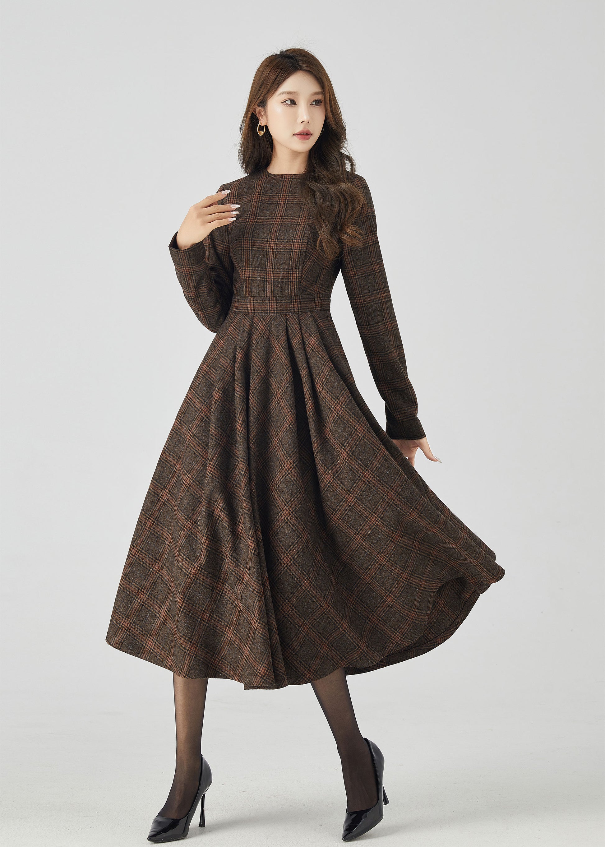 Retro Plaid Midi Dress Dark Brown Wool A-Line Silhouette 4523 - Plaid / S Retro Plaid Midi Dress Dark Brown Wool A-Line Silhouette 4523 - Plaid / S