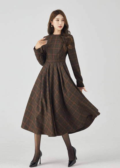 Retro Plaid Midi Dress – Dark Brown Wool A-Line Silhouette – 4523