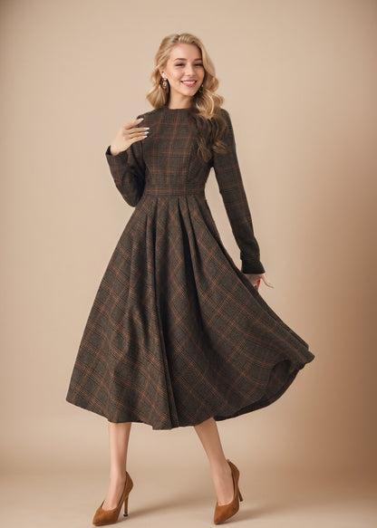 Plaid Wool Midi Dress - Fit & Flare Long Sleeve | Xiaolizi 5438