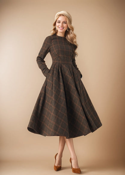 Plaid Wool Midi Dress - Fit & Flare Long Sleeve | Xiaolizi 5438