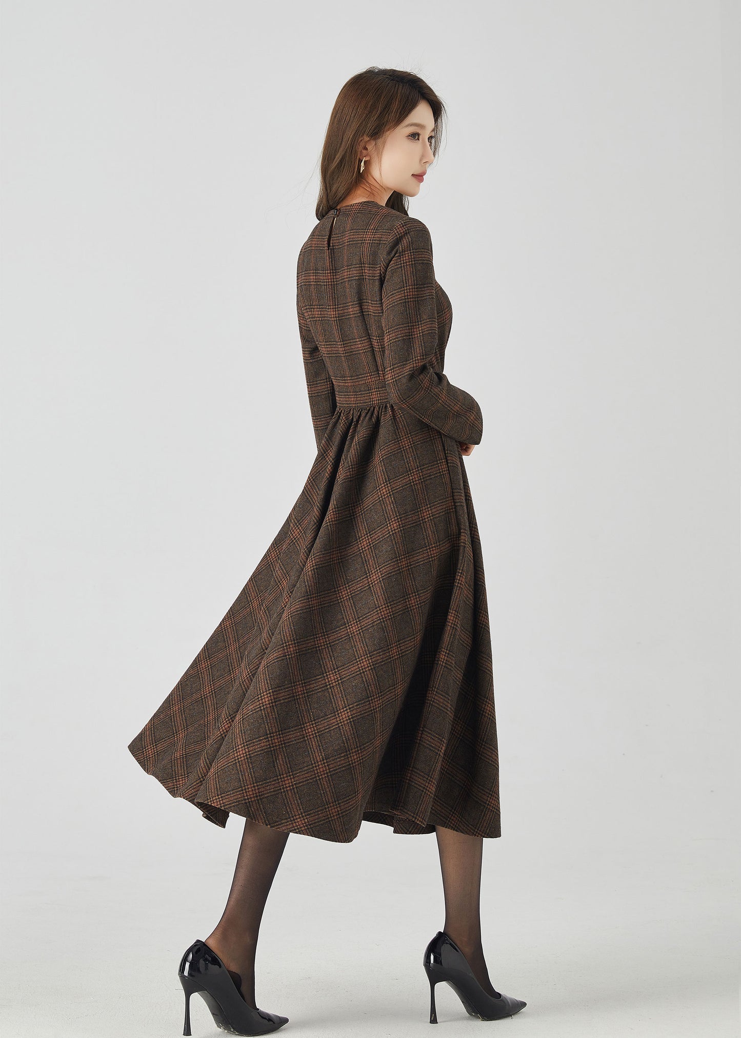 Wool midi dress, Plaid Wool dress, Swing wool Dress 4523