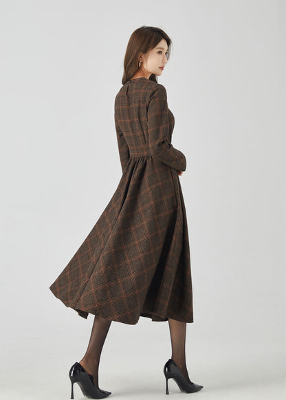 Retro Plaid Midi Dress – Dark Brown Wool A-Line Silhouette – 4523