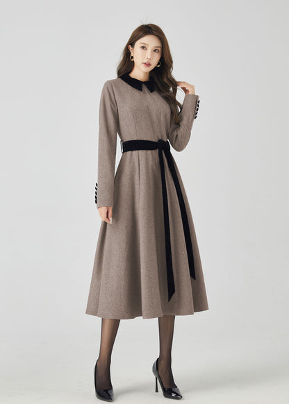 Beige Wool Midi Dress - Swing Fit and Black Contrast Collar 5439