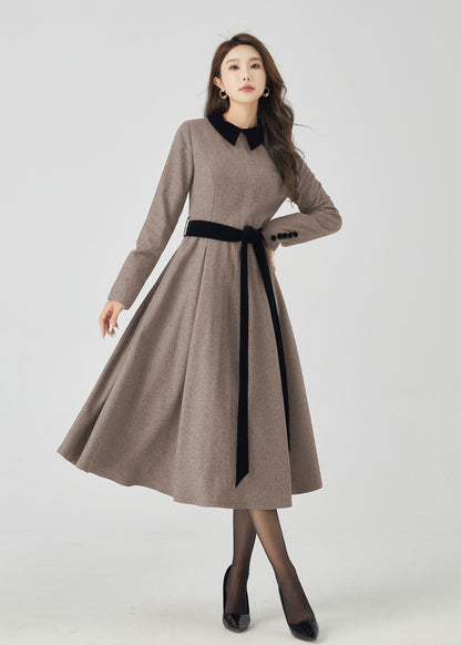Beige Wool Midi Dress - Swing Fit and Black Contrast Collar 5439
