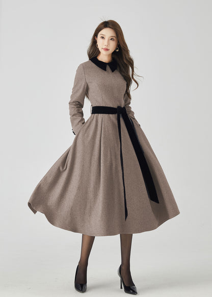 Beige Wool Midi Dress - Swing Fit and Black Contrast Collar 5439