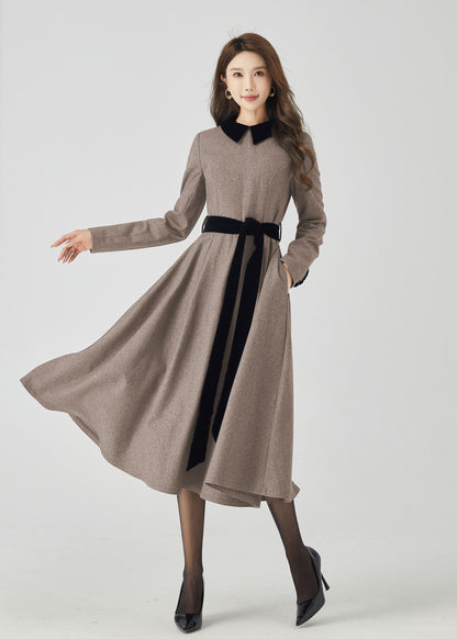 Beige Wool Midi Dress - Swing Fit and Black Contrast Collar 5439