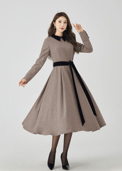 Beige Wool Midi Dress - Swing Fit and Black Contrast Collar 5439