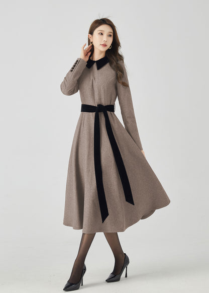 Beige Wool Midi Dress - Swing Fit and Black Contrast Collar 5439