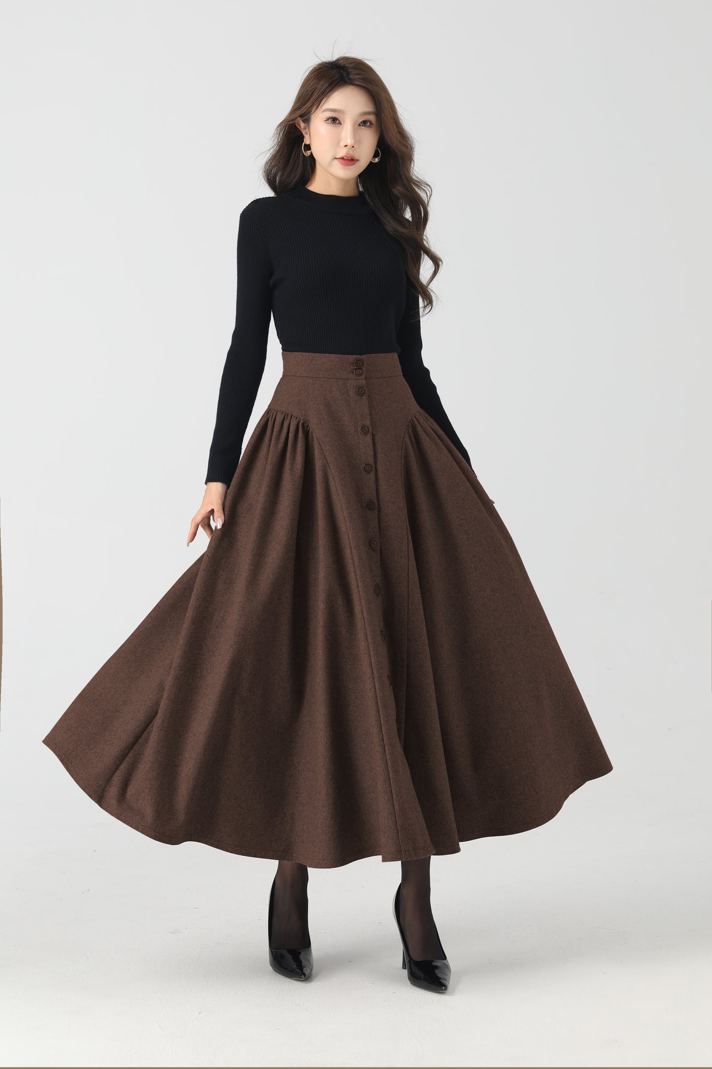 Handmade Chocolate Brown Wool Maxi Skirt – Vintage Button-Front A-Line Skirt | Xiaolizi 6326