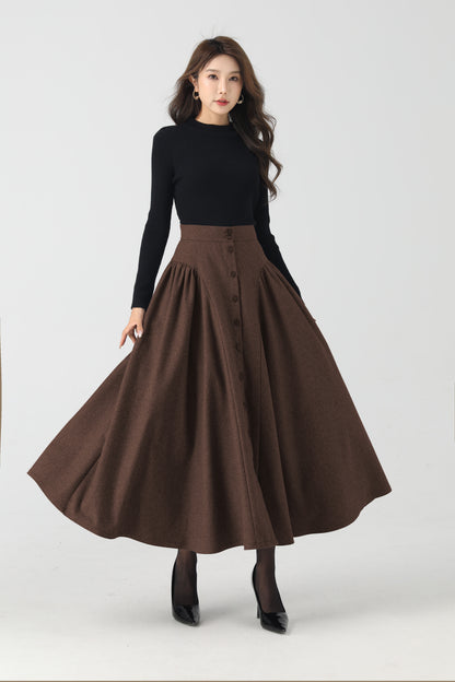 Handmade Chocolate Brown Wool Maxi Skirt – Vintage Button-Front A-Line Skirt | Xiaolizi 6326
