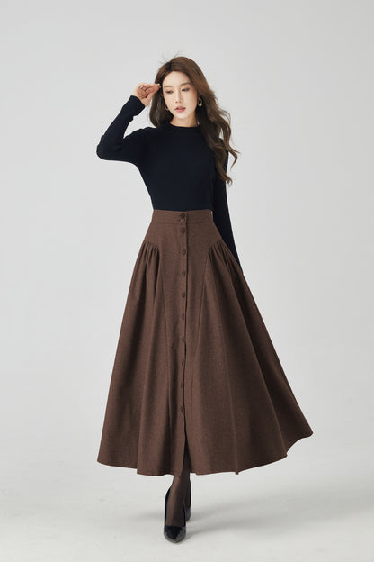 Handmade Chocolate Brown Wool Maxi Skirt – Vintage Button-Front A-Line Skirt | Xiaolizi 6326
