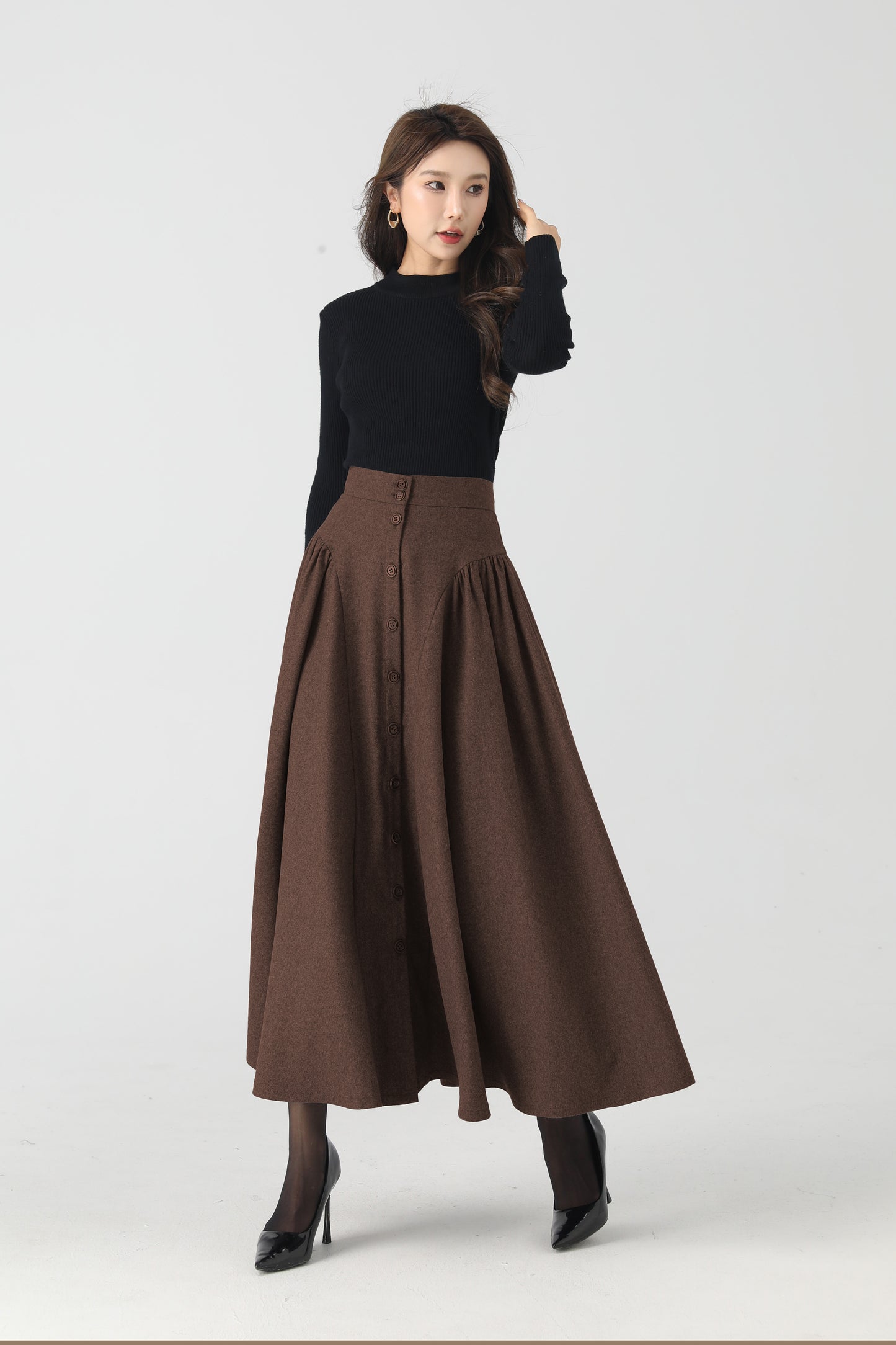Handmade Chocolate Brown Wool Maxi Skirt – Vintage Button-Front A-Line Skirt | Xiaolizi 6326