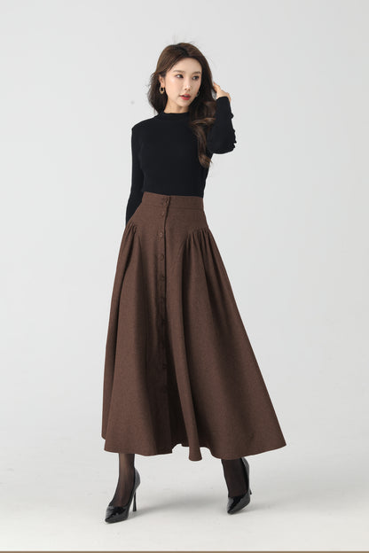 Handmade Chocolate Brown Wool Maxi Skirt – Vintage Button-Front A-Line Skirt | Xiaolizi 6326