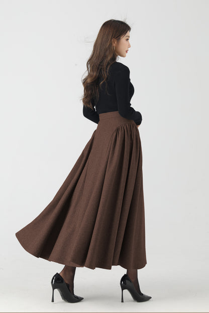 Handmade Chocolate Brown Wool Maxi Skirt – Vintage Button-Front A-Line Skirt | Xiaolizi 6326