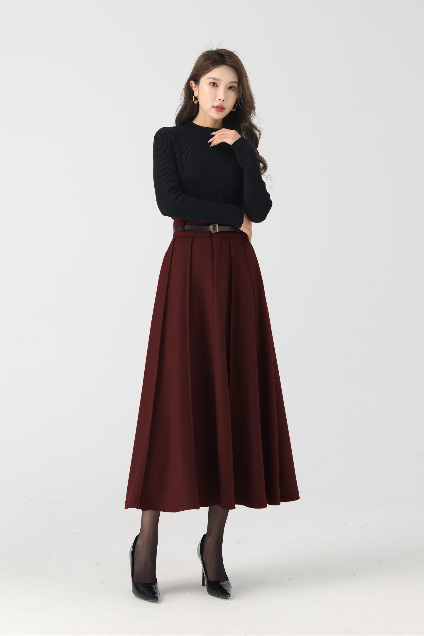 Elegant Burgundy Wool Skirt – Pleated Midi, Belt Loops & Pockets | Xiaolizi 6331