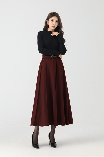 Elegant Burgundy Wool Skirt – Pleated Midi, Belt Loops & Pockets | Xiaolizi 6331
