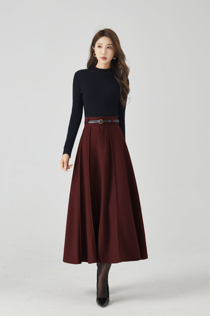 Elegant Burgundy Wool Skirt – Pleated Midi, Belt Loops & Pockets | Xiaolizi 6331