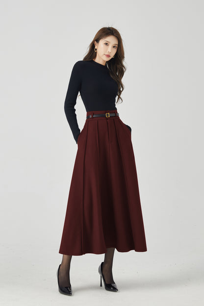Elegant Burgundy Wool Skirt – Pleated Midi, Belt Loops & Pockets | Xiaolizi 6331