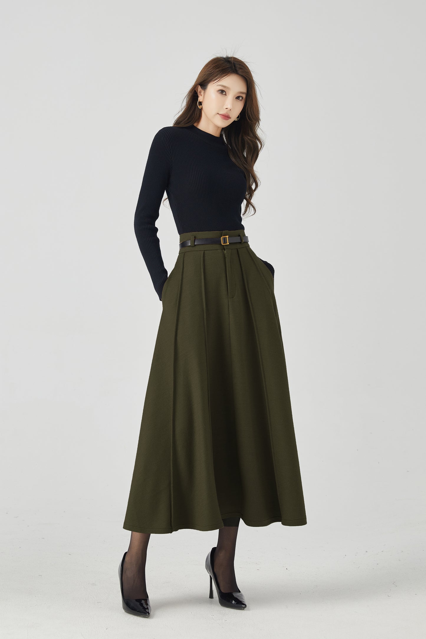 Olive Green Wool Midi Skirt - Vintage High Waist Pleated A-Line 5384