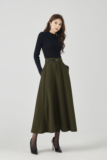 Olive Green Wool Midi Skirt - Vintage High Waist Pleated A-Line 5384