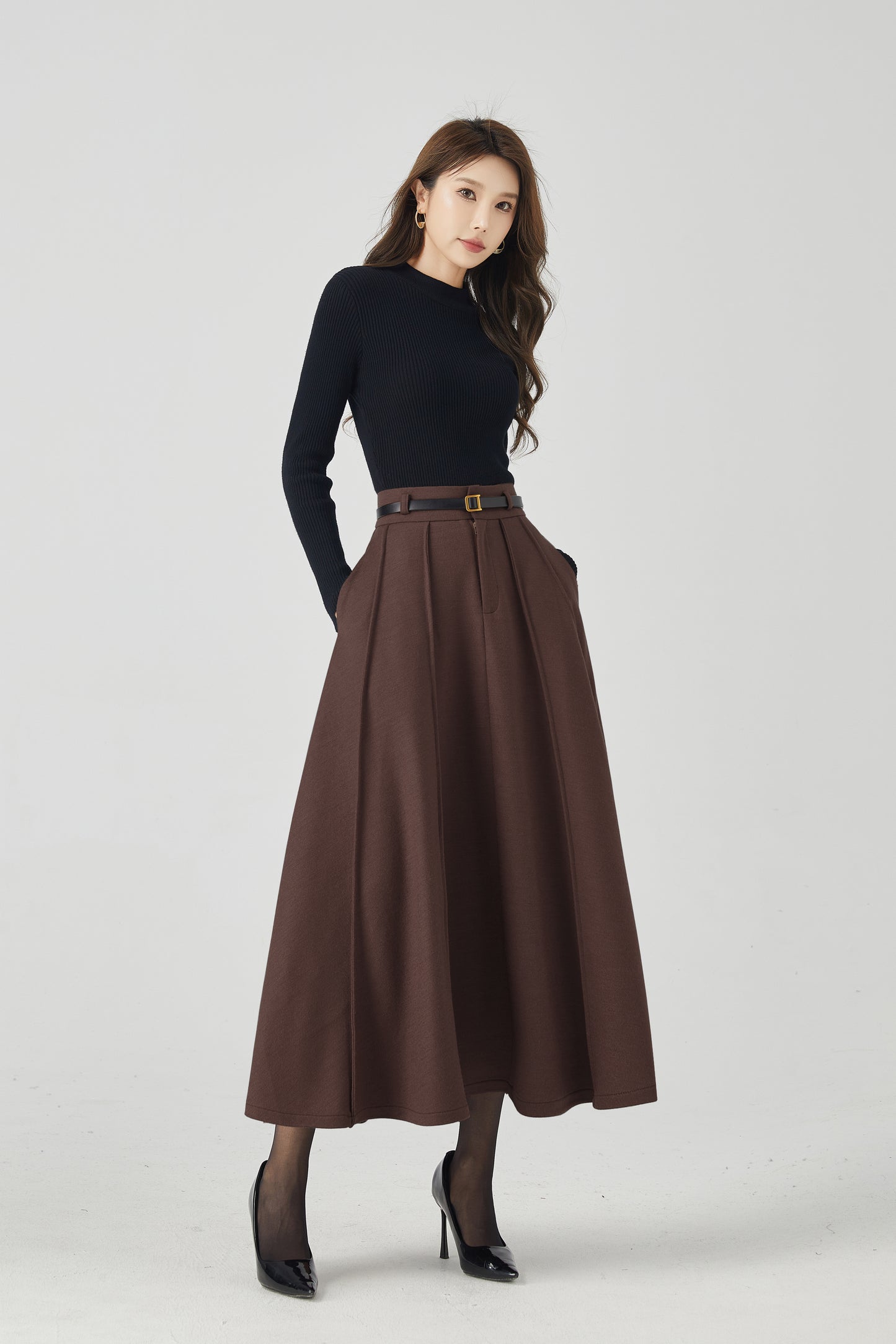 Vintage Wool Blend Midi Skirt – Brown High-Waisted Pleated A-Line with Lining 6444