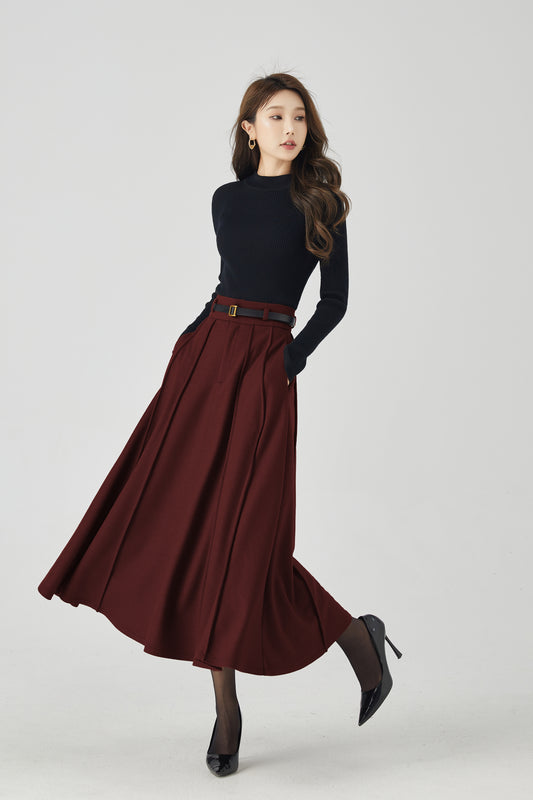 Elegant Burgundy Wool Skirt – Pleated Midi, Belt Loops & Pockets | Xiaolizi 6331