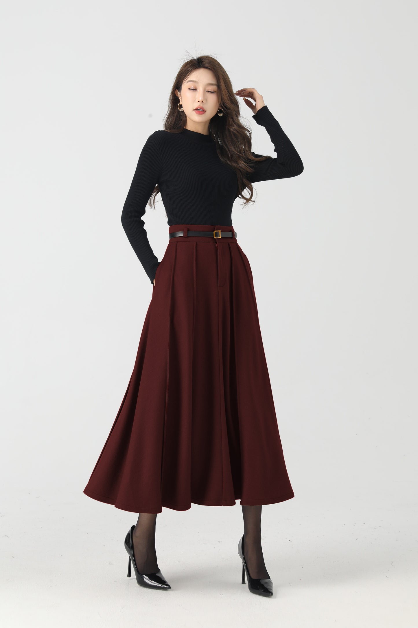 Elegant Burgundy Wool Skirt – Pleated Midi, Belt Loops & Pockets | Xiaolizi 6331