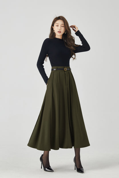 Olive Green Wool Midi Skirt - Vintage High Waist Pleated A-Line 5384