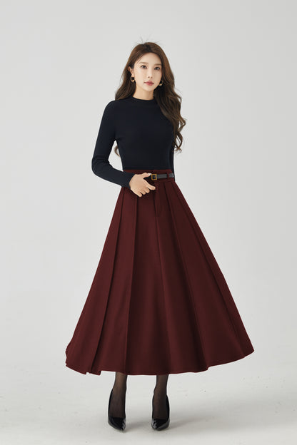 Elegant Burgundy Wool Skirt – Pleated Midi, Belt Loops & Pockets | Xiaolizi 6331