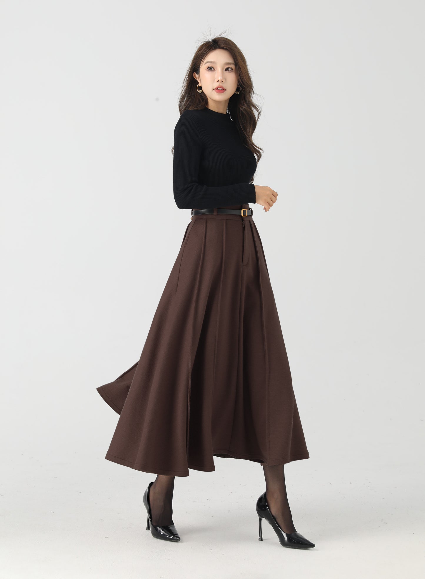Vintage Wool Blend Midi Skirt – Brown High-Waisted Pleated A-Line with Lining 6444
